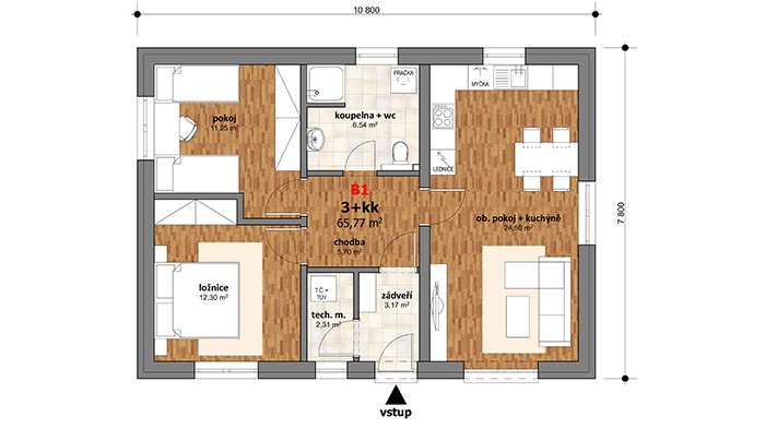 Přízemní dům obdélníkového tvaru s dispozicí 3 + kk a podlahovou plochou 65,77 m².
