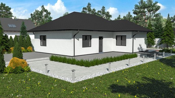 Přízemní dům s půdorysem ve tvaru písmene L, dispozicí 4 + kk a podlahovou plochou 95,48 m².