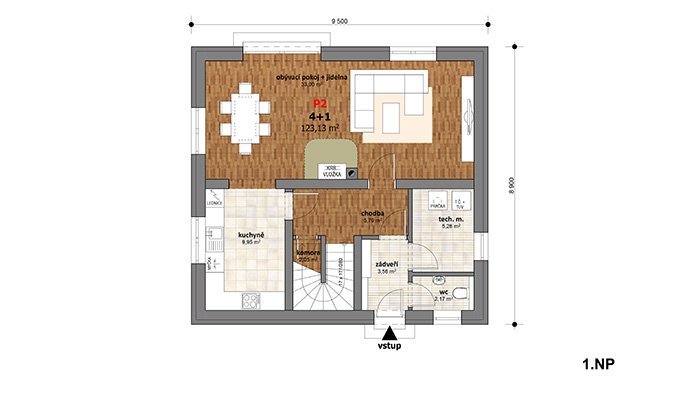Podkrovní dvoupodlažní dům obdélníkového tvaru s dispozicí 4 + 1 a podlahovou plochou 123,13 m².